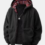 Contrast Plaid Teddy Zip-Up Hoodie