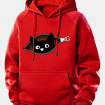 Zipper Black Cat Print Drawstring Hoodie