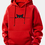 Black Cat Print Drawstring Hoodie