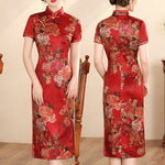 Buddha Stones Retro Flower Lotus Peony Feather Print Qipao Dress Women's Cheongsam Dress (Extra 30% Off | USE CODE: FS30)