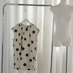 Round Neck Polka Dot Slit Mid-length Top Women's Cotton Linen Shirt