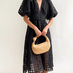 Zeagoo Women's Deep V Neck Short Puff Sleeve Plaid Midi Dress Elegant Button Front Beach Flowy Dress