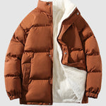 Men's solid color fleece-lined stand collar warm puffer jacket