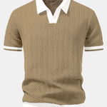 Texture Contrast Knitted V Neck Polo Shirt