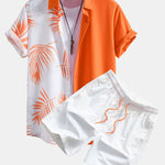 Leaf Print Patchwork Button Up Shirt & Swim Shorts