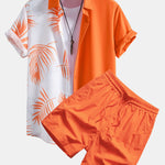 Leaf Print Patchwork Button Up Shirt & Swim Shorts