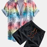 Palm Tree Seagull Print Button Up Shirt & Swim Shorts