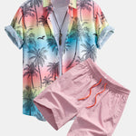 Palm Tree Seagull Print Button Up Shirt & Swim Shorts