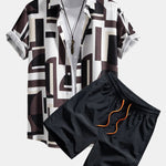 Geometry Colorblock Print Button Up Shirt & Swim Shorts