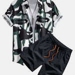 Colorblock Print Button Up Shirt & Swim Shorts