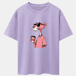 Pink Panther Drinking Coffee Print Drop Shoulder Oversize T-Shirt