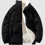 Men's solid color fleece-lined stand collar warm puffer jacket