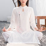 Buddha Stones 2Pcs Lotus Pattern Tai Chi Meditation Yoga Cotton Linen Clothing Top Pants Women's Set  (Extra 30% Off | USE CODE: FS30)