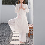 Buddha Stones 2Pcs Lotus Pattern Tai Chi Meditation Yoga Cotton Linen Clothing Top Pants Women's Set  (Extra 30% Off | USE CODE: FS30)