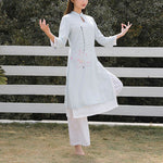 Buddha Stones 2Pcs Lotus Pattern Tai Chi Meditation Yoga Cotton Linen Clothing Top Pants Women's Set  (Extra 30% Off | USE CODE: FS30)