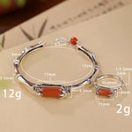 Buddha Stones 925 Sterling Silver Red Agate Bamboo Pattern Calm Bracelet Ring Jewelry Set (Extra 30% Off | USE CODE: FS30)