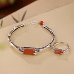 Buddha Stones 925 Sterling Silver Red Agate Bamboo Pattern Calm Bracelet Ring Jewelry Set (Extra 30% Off | USE CODE: FS30)