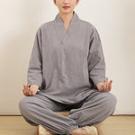 Buddha Stones 2Pcs V-Neck Three Quarter Sleeve Shirt Top Pants Meditation Zen Tai Chi Cotton Clothing Women's Set
