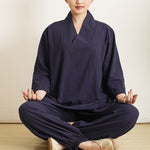 Buddha Stones 2Pcs V-Neck Three Quarter Sleeve Shirt Top Pants Meditation Zen Tai Chi Cotton Clothing Women's Set
