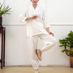 Buddha Stones 2Pcs V-Neck Three Quarter Sleeve Shirt Top Pants Meditation Zen Tai Chi Cotton Clothing Women's Set