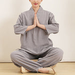 Buddha Stones 2Pcs V-Neck Three Quarter Sleeve Shirt Top Pants Meditation Zen Tai Chi Cotton Clothing Women's Set