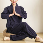 Buddha Stones 2Pcs V-Neck Three Quarter Sleeve Shirt Top Pants Meditation Zen Tai Chi Cotton Clothing Women's Set