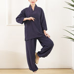 Buddha Stones 2Pcs V-Neck Three Quarter Sleeve Shirt Top Pants Meditation Zen Tai Chi Cotton Clothing Women's Set