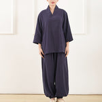 Buddha Stones 2Pcs V-Neck Three Quarter Sleeve Shirt Top Pants Meditation Zen Tai Chi Cotton Clothing Women's Set