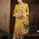 Buddha Stones 100% Mulberry Silk Organza Dress Embroidered Yellow Phoenix Qipao Cheongsam Dress  (Extra 30% Off | USE CODE: FS30)