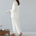 Buddha Stones 2Pcs Three Quarter Sleeve Long Sleeve Shirt Wide Leg Pants Meditation Cotton Linen Clothing Women's Set