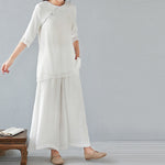 Buddha Stones 2Pcs Three Quarter Sleeve Long Sleeve Shirt Wide Leg Pants Meditation Cotton Linen Clothing Women's Set