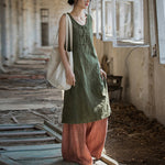 Buddha Stones Frog-Button Ramie Linen Women's Sleeveless Knee Length Dress With Pockets