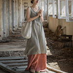Buddha Stones Frog-Button Ramie Linen Women's Sleeveless Knee Length Dress With Pockets