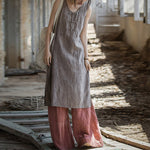 Buddha Stones Frog-Button Ramie Linen Women's Sleeveless Knee Length Dress With Pockets