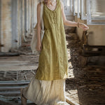 Buddha Stones Frog-Button Ramie Linen Women's Sleeveless Knee Length Dress With Pockets