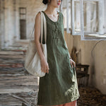Buddha Stones Frog-Button Ramie Linen Women's Sleeveless Knee Length Dress With Pockets