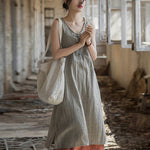 Buddha Stones Frog-Button Ramie Linen Women's Sleeveless Knee Length Dress With Pockets