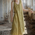 Buddha Stones Frog-Button Ramie Linen Women's Sleeveless Knee Length Dress With Pockets