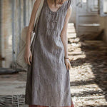 Buddha Stones Frog-Button Ramie Linen Women's Sleeveless Knee Length Dress With Pockets