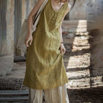 Buddha Stones Frog-Button Ramie Linen Women's Sleeveless Knee Length Dress With Pockets