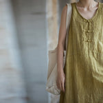 Buddha Stones Frog-Button Ramie Linen Women's Sleeveless Knee Length Dress With Pockets