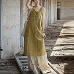 Buddha Stones Frog-Button Ramie Linen Women's Sleeveless Knee Length Dress With Pockets