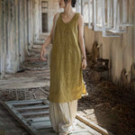 Buddha Stones Frog-Button Ramie Linen Women's Sleeveless Knee Length Dress With Pockets