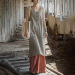 Buddha Stones Frog-Button Ramie Linen Women's Sleeveless Knee Length Dress With Pockets