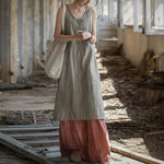 Buddha Stones Frog-Button Ramie Linen Women's Sleeveless Knee Length Dress With Pockets