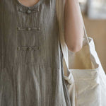Buddha Stones Frog-Button Ramie Linen Women's Sleeveless Knee Length Dress With Pockets
