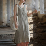 Buddha Stones Frog-Button Ramie Linen Women's Sleeveless Knee Length Dress With Pockets