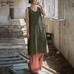 Buddha Stones Frog-Button Ramie Linen Women's Sleeveless Knee Length Dress With Pockets