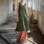 Buddha Stones Frog-Button Ramie Linen Women's Sleeveless Knee Length Dress With Pockets
