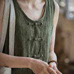 Buddha Stones Frog-Button Ramie Linen Women's Sleeveless Knee Length Dress With Pockets